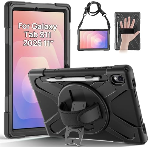 Gerutek Shockproof Case for Samsung Galaxy Tab S11 11-Inch 2025, Black | Samsung S11 Tablet Case, Heavy Duty Rugged, with 360 Rotating Stand & Hand Strap, Shoulder Strap Cover for Galaxy Tab S11