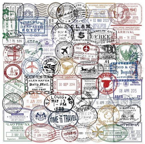 60 Postmark Stickers, Vintage Travel Stamp Post Mark Sticker Pack for Scrapbook Laptop Helmet Water Bottle