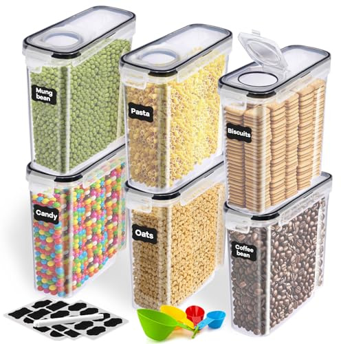 2.5L Vorratsdosen Set, Satz mit 6, BPA-frei, Müsli Schüttdose, Aufbewahrungsbox Küche, Luftdichte Küchen Vorratsbehälter, 24 Etiketten für Getreide, Mehl usw (6, Rechteckig)