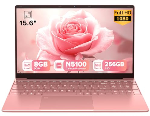Trygood Computer portatile da 15,6 pollici, rosa, impronte digitali e tastiera retroilluminata - Quad-Core (fino a 2,8 GHz), 8 GB di RAM 256 GB SSD, schermo FHD IPS, grazioso notebook sottile per