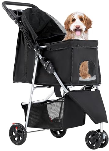 KMFurnila 3 Wheel Pet Stroller for Dogs and Cats, Foldable, Lightweight and Durable, Ideal for Small to Medium Pets, Includes Storage Basket and Cup Holders