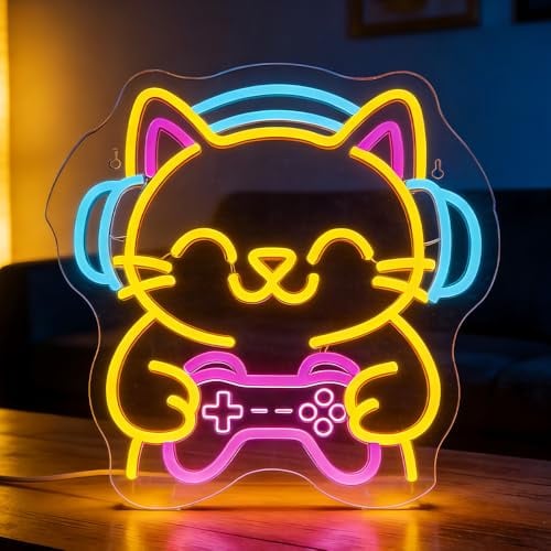Mineup Cats and Gaming Neon Schild, Gaming Cat Neon Lichtschilder, LED Spiel Neonlicht, Game Room Neo Schild für Gamer Dekor, Spielzimmer, Schlafzimmer, Wohnzimmer, Bar, Club, Party, Wanddekoration
