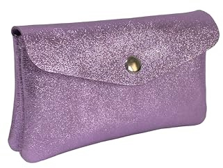 Portefeuille élégant en cuir métallisé, fermeture à bouton, Violet clair, Moitié, Élégant