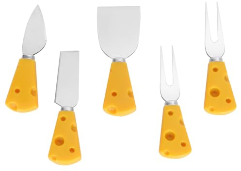 SHINEOFI Couverts à Fromage et Dessert 5 Pièces Jaunes Manche Motif Fromage – Pelle, Couteau Fin, Couteau Plat, 2 Fourchettes – Vaisselle pour Fruits et Desserts, Ustensiles Polyvalents