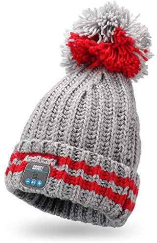 August Gorro Bluetooth Mujer Hombre Gris Pompón EPA30 Beanie Telefono 5.0 Auriculares Punto Invierno Altavoz Inalámbrico Running Deportivo Diadema música Lavable