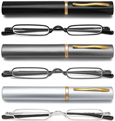 VEVESMUNDO Lesebrille Schmal Mini Klein Metall Lesehilfe Sehhilfe Brille mit Etui für Unterwegs Herren Damen (Lesebrillen 3 Stück(Schwarz+Silber+Grau), 2.5)