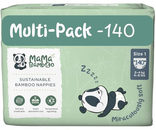 Mama Bamboo Soft, Breathable, Sustainable Bamboo Nappies (Size 1 - Newborn Baby x 140 Nappies)