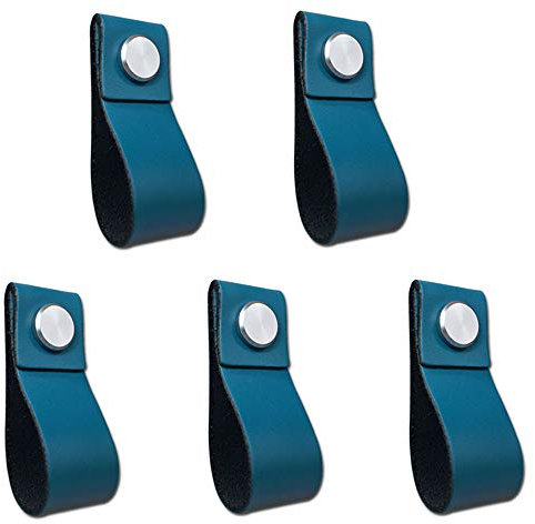 POFET Lot de 5 poignées de porte de placard en cuir faites à la main - Marron foncé - 195 x 26 mm - Bleu