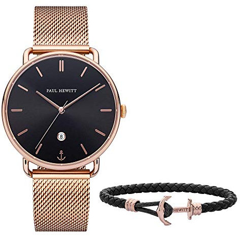 PAUL HEWITT Damen Set Perfect Match Uhr Seadate Black Sea und Ankerarmband PHREP Lite in Schwarz mit Anker in IP Roségold in Größe XS bis L