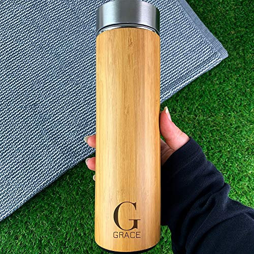 eBuyGB Personalised Bamboo Travel Mug, Insulated 500ml Reusable Drinks Flask, Double Walled Stainless Steel Travel Cup