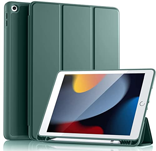 Vobafe Hülle Kompatibel mit iPad 9 8 7 Generation(10.2 Zoll, Model 2021/2020/2019,9./8./7.), Weiche TPU Rückseite Abdeckung Klappständer Schutzhülle mit Stifthalter, Auto Schlafen/Wachen, Kiefern Grün