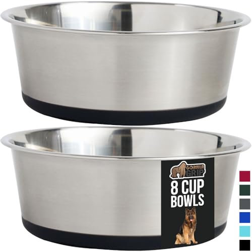 Gorilla Grip Stainless Steel Metal Dog Bowl Set of 2, Rubber Base, Heavy Duty, Rust Resistant, Food Grade BPA Free, Less Sliding, Quiet Pet Bowls for Cats and Dogs, Holds 8 Cups (64 fl oz), Black
