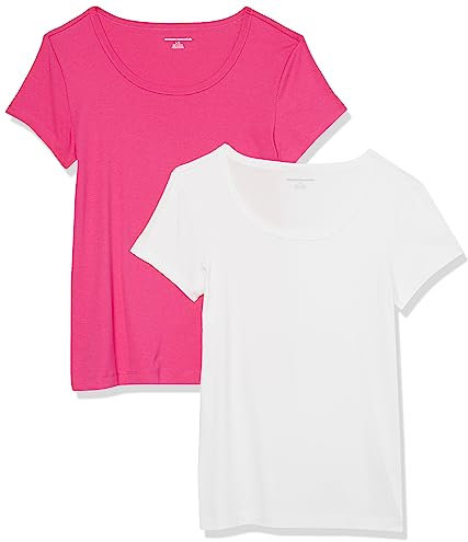 Amazon Essentials T-Shirt Aderente con Maniche Ad Aletta e Scollo Ampio Donna, Pacco da 2, Bianco/Rosa Scuro, L