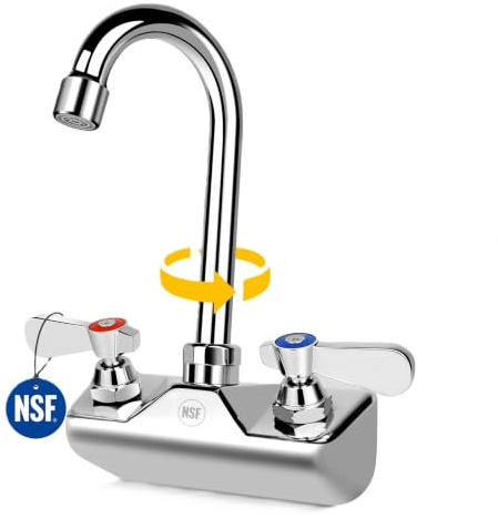 4 Inch Center Commercial Sink Faucet Wall Mount Kitchen Hand Sink Faucet, 1/2 NPT Male Inlet, Brass Constructed & Chrome Polished, with 3-1/2 Gooseneck Spout & Dual Lever Handles, No Lead