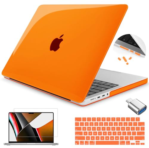 Teryeefi Newest for MacBook Pro 14 Inch case 2021 Release Model A2442, Plastic Hard Shell Case with Keyboard Skin & Screen Protector Compatible with MacBook case 14 Inch M1 Pro with Touch ID, Orange