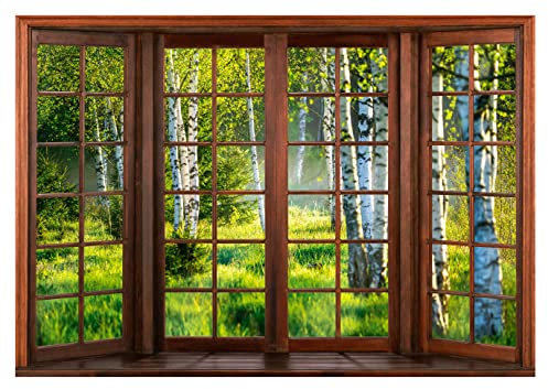 WallArena - Vlies Fototapete Fenster mit Aussicht Wald Birke Natur Fensterblick 368x254 cm - Fototapeten Tapeten für Wohnzimmer Schlafzimmer Vliestapete Wandtapete Tapete 3D Effekt- inkl. Kleister