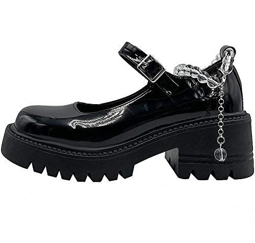 Ulalaza Womens Platform Mary Janes Shoes Sweet Toe Ankle Lolita Gothic Platform Dress Pumps Shoes Chunky Platform Shoes Patent Leather Dress Shoes, 4 UK