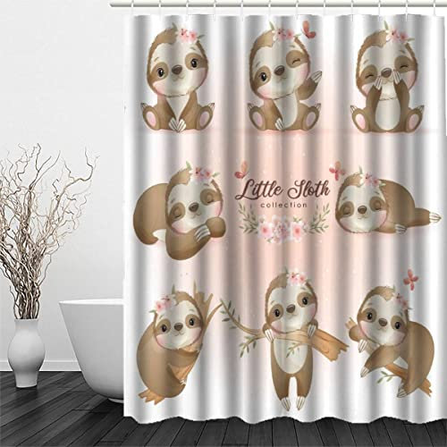 RFFLUX 3D Kawaii Faultier Polyester Duschvorhang Anti Schimmel 180 x 180 cm mit 12 Haken Niedlich Duschvorhänge Anti-Bakteriell Waschbar Wasserdicht Hochwertige Badvorhänge für Badezimmer