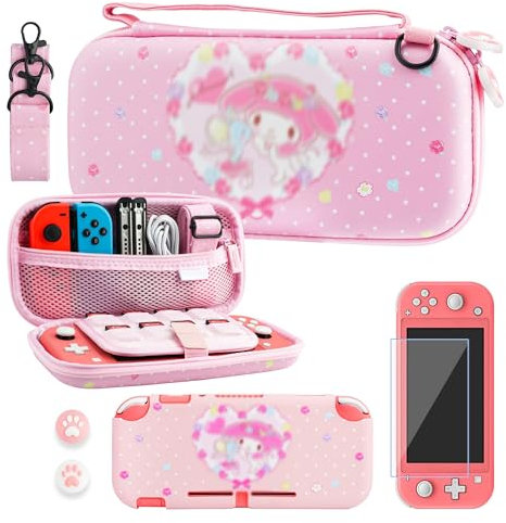 RHOTALL Tragetasche für Nintendo Switch Lite, niedliche Schutzhülle für Switch Lite mit TPU-Schutzhülle, verstellbarem Schultergurt, Displayschutzfolie und 2 Daumenkappen, rosa Hase