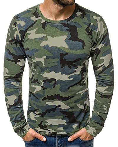 Oanviso Herren Langen Ärmel Rundhalsausschnitt T-Shirts Camouflage Muster Tee Shirts Camo Druck Pullover Freizeit Sweatshirt Vintage Tarnung Bluse Leichte Strand T-Shirt Bequem Tops A Dunkelgrün XL
