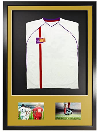 Vivarti DIY Infant 3D Mounted + Double Aperture Sports Shirt Display Frame for Football Shirt, Rugby Shirt, Band T-Shirt Shadow Box - 50 x 70cm - Black Frame, Gold Mount, Black Backing Card