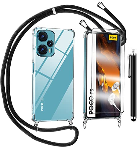 TTSWJBD Funda con Cuerda para Xiaomi Poco F5 5G y Cristal Templado Protector de Pantalla,Transparente Suave Silicona Carcasa, Ajustable Cordon Collar Colgante Antigolpes Case, Negra