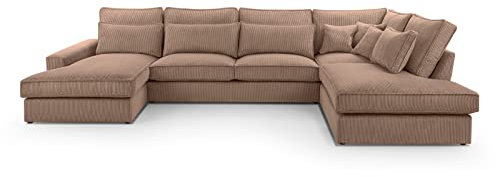 BETTSO -Ecksofa Großes U-Form Couch, Couchgarnitur, Eckcouch, Sofa,Ecksofa mit Kissen und Armlehnen aus Cordstoff-Valentino U (Braun, Rechts)