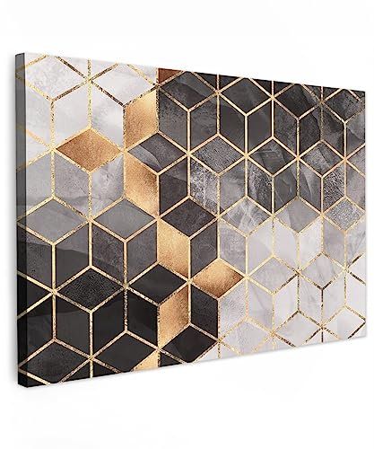 MuchoWow© Wandbilder Groß 120x80 cm XXL Wohnzimmer Wanddeko Schlafzimmer Zimmerdeko Fotowand Zimmer Deko Wand Dekoration Wall Art Abstrakte Bilder Würfel - Gold - Muster - Schwarz Weiß