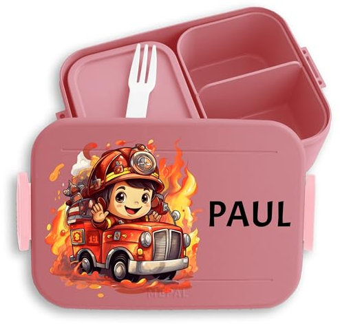 Bento Box Midi Lunchbox für Mepal Bentobox - Feuerwehrjunge Feuerwehr Junge Kinder - 900 ml - Rosa - brotdose name krippen brotzeitbox feuerwehrauto kindergarten geschenke fächern