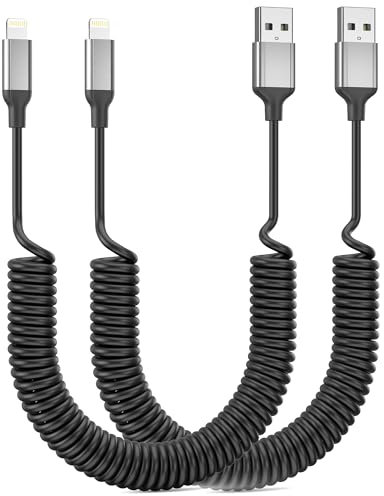 Acecene Spiralkabel USB auf Lightning Kabel, MFi Zertifiziert Kurz iPhone Ladekabel Auto [2 Stück], Carplay Kabel Schnellladekabel für iPhone 14/13/12/11 Pro SE Mini, iPhone X XR XS 8 7 6 Plus