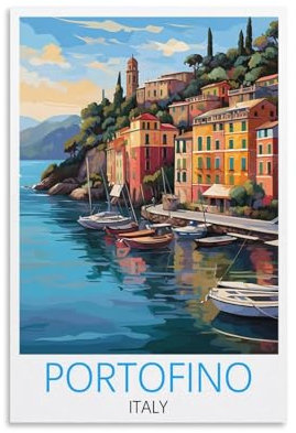 Portofino Italien-Reiseposter, Vintage-Poster, 20 x 30 cm, Leinwanddruck für Wohnzimmer, Schlafzimmer, Wohnheim, Zuhause, Büro, Wanddekoration