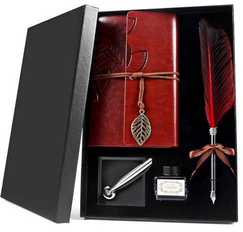VABNEER Schreibfeder Set, Federkiel Feder und Tinte Set, Feder Kalligraphie Stift Set, Weihnachtsgeschenke Kalligraphie Set, Rot, 1 stück (1er Pack)