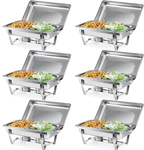 Wilprep Lot de 6 Chafing Dish Rectangulaire Buffets Chauffants 9L 2 Compartiments à Aliments en Acier Inoxydable Alimentaire pour Restaurants Fêtes Buffets Banquets Dîners (Lot de 6-2×GN1/2)