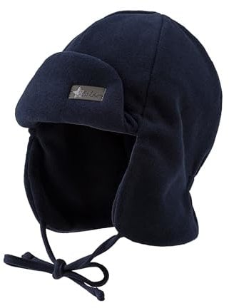 Sterntaler Fliegermütze einfarbig aus weichem Fleece - Jungen Holzfällermütze mit angeschnittenen Ohrenklappen und Bindeband - Kinder Wintermütze, gefüttert mit Microfleece - Marine, 51