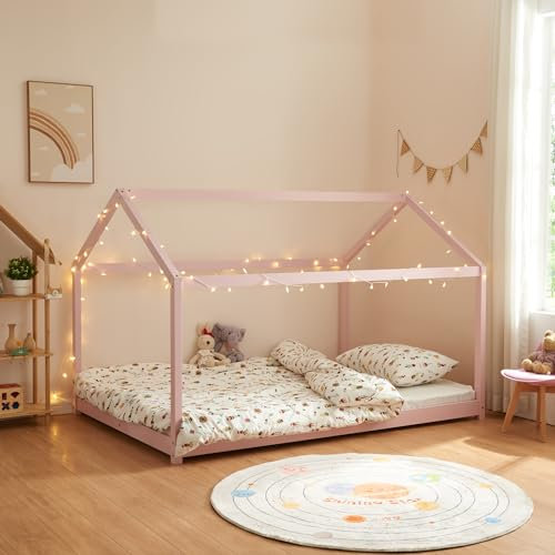[en.casa] Lit Cabane pour Enfant avec Sommier à Lattes Lit Double en Forme de Maison sans Matelas Capacité de Charge 140 kg Bois de Pin Contreplaqué 140 x 200 cm Rose