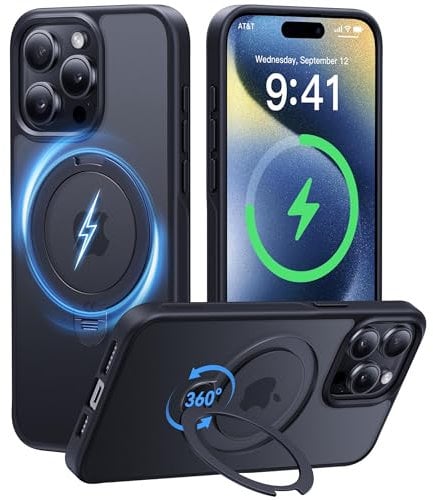 CASEKOO 360° MagicStand (Pro-Version) für iPhone 15 Pro Max Hülle für MagSafe [Unsichtbarer Ständer] [Militärschutz] Stoßfest Kratzfest Schutzhülle Griffig Case Dünn Handyhülle - Edel Schwarz
