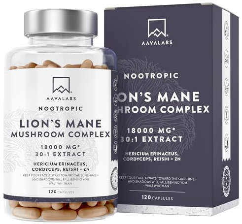 Melena de Leon 18,000mg (30:1) + Zinc, Reishi & Cordyceps - Alta Potencia Lions Mane Mushroom pastillas -120 Melena de Leon Capsulas - Nootropicos