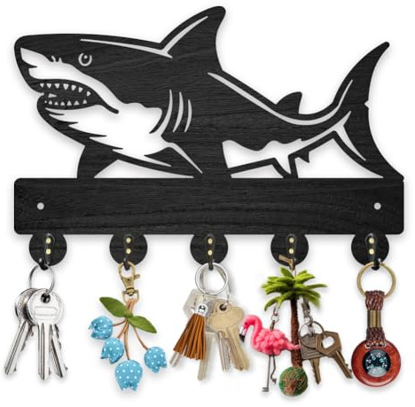 MAYJOYDIY Hai Wandgarderobe Holz Fisch Schlüsselhalter Für Die Wand 30x20cm Meerestiere Schlüsselhalter Schlüsselbrett 5 Haken Aus Legierung Schwarze Wandkunst Dekor Für Geschenk Eingangsbereich