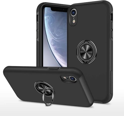 XYZNTMF compatible with iPhone XR Case Built-in Ring Holder Shockproof Silicone Bumper Matte Hard PC Phone Case Magnetic Car Mount Drop Protective Skin Cover Case for iPhone XR, Black