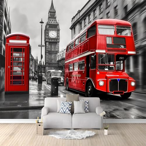 Générique Art Papier Peint Intissé 3D Ville Londres Bus À Impériale Rouge 350x256 cm Muraux Tapisserie Photo Décoration Murale, Papier Peint Salon Chambre Bureau Couloir Peinture Murale Décor