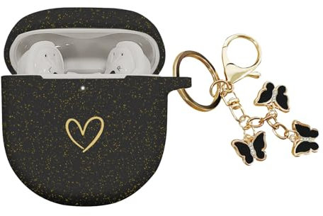 AIIEKZ Compatible with Bose QuietComfort Earbuds II 2022, Soft Silicone Case with Gold Heart Pattern for Bose QC II Case with Cute Butterfly Keychain for Girls Women (Glitter Black)