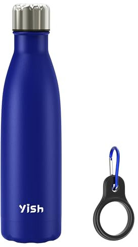 YISH Bouteille Isotherme Gourde Thermos:Gourde Isotherme,Thermos Acier Inoxydable 500ml,Sans BPA,avec Mousquetons,10h Froid/Chaud,pour Sport,Gym,Cyclisme,Randonnée,Voyage,Bureau,École,Bleu
