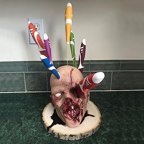 Zombie Head Knife Holder Knife Holder with Zombie Head for Kitchen Tool Scary Par Skeleton Decoration Home Kitchen Halloween Decoration (A)