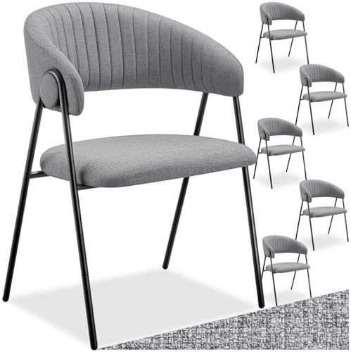 tectake® Armlehnstuhl 6er Set, stylische Esszimmerstühle mit pflegeleichtem Webstoff, C-förmige Rückenlehne mit Steppmuster, Esstisch Stühle mit bequemer Polsterung, Esszimmerstuhl - grau