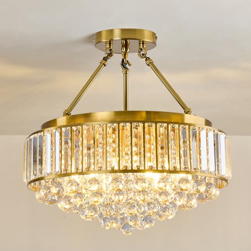 EOPSPYI 6-Lights Modern Crystal Chandelier Gold Metal Semi Flush Mount Ceiling Light Fitting Round Ceiling Light for Dining Room Living Room Bedroom Bathroom Kitchen