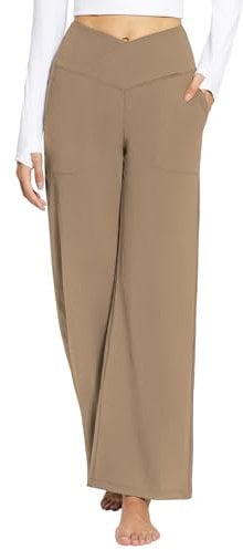 baleaf Weite Hose Damen Yogahose mit Taschen Stoffhose Hohe Taille Jogginghose Straighthose Bauchkontrolle Schlaghose Sporthose Braun L