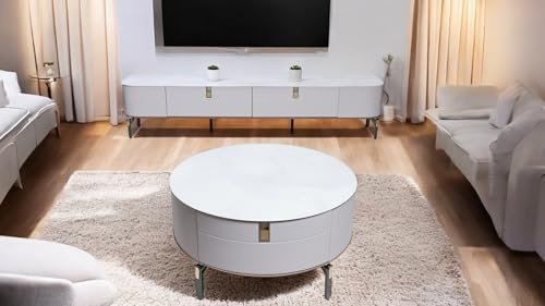 Quality and price Furniture Modern TV Stand & Round Coffee Table Set with 2 Drawers – Stylish MDF Construction, Ample Storage, Contemporary Design for Living Room – 200cm TV Stand, 80cm Coffee Table