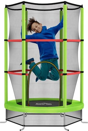 HOMCOM Trampoline pour Enfant Ø 1,40 x 1,90H m Filet de sécurité Porte zippée 6 poteaux rembourrés Inclus Charge Max. 45 kg Vert