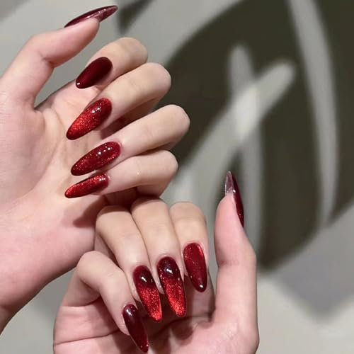 Red False Nails - Glitter Red Cat Eye Press On Nails - Full Cover Almond Dark Red Stick on Nails - Reusable Fake nails with Glue - Cateye nails for Women Girls 24PCS