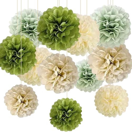 CC wonderland zone 12 Stück Salbeigrün Beige Olivgrün Cream Papier Pompoms für Brautparty Babyparty Geburtstagsdeko Boho Hochzeit Party Deko
